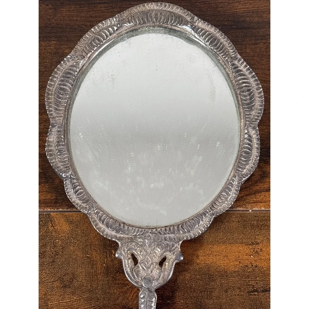 Vintage Ornate Silver Tone Handheld Vanity Mirror Embossed Floral Scrollwork